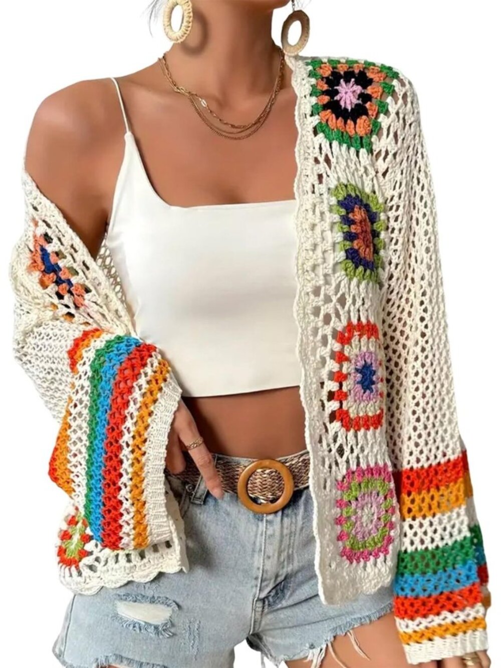 Women's Floral Crochet Cardigan Boho Hollow Out Sweater Cardigan